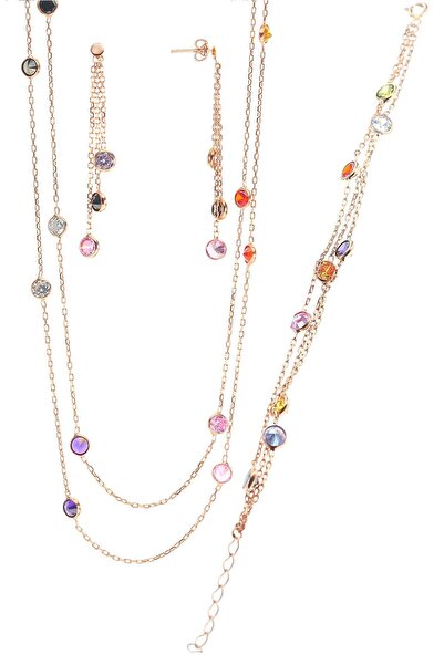 Söğütlü Silver Kadın Gümüş Rose Renkli Sıra Taşlı Takım SGTL8535
