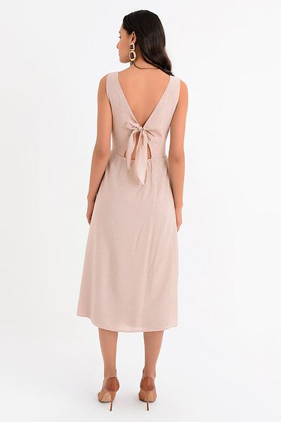 Hanna's by Hanna Darsa Women's Beige Sleeveless V-Neck Front Buttoned Back Bow Tie Woven Dress Hn1671