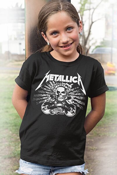 ROCKANDROLL Tricou negru Metallica Skull cu mânecă scurtă, fete, băieți, unis...