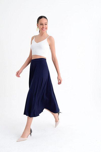 Hanna's by Hanna Darsa Women's Navy Blue Long Elastic Waist Slit Detailed Knitted Skirt Hn1695