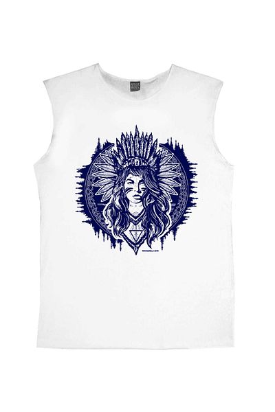 ROCKANDROLL Men's White Native American Girl Printed Sleeveless Tshirt 1M1SM153FB