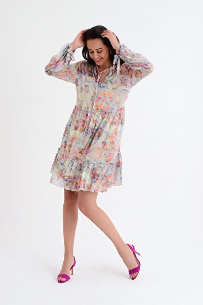 Hanna's by Hanna Darsa Kadın Kremrengi Çiçek Desenli Uzun Kollu Büzgülü Yaka ...