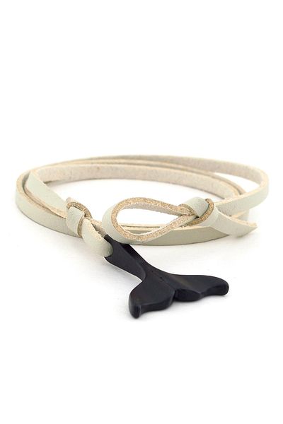 Solfera Men's Black Metal Whale Fish Tail Cream Leather Bracelet Bt578