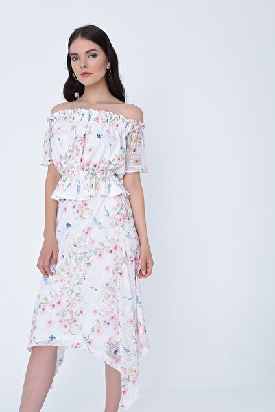 Hanna's by Hanna Darsa Kadın Beyaz Çiçek Desenli Astarlı Asimetrik Etek