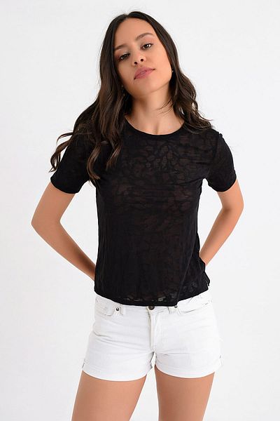 Hanna's by Hanna Darsa Women's Black Crew Neck Self Patterned Basic Short Sleeve T-shirt Hn1710