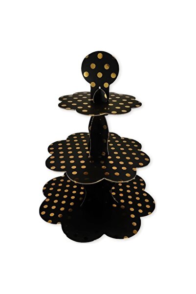 Parti dolabı Gold Puantiyeli Siyah Cupcake Kek Standı, Benekli 3 Katlı Stand