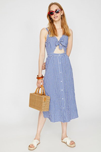 Koton Γυναικείο μπλέ λουράκι αμάνικο φόρεμα με λεπτομέρεια Midi 9YAK88678BW