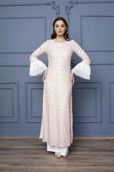 Esswaap Women's Salmon Double Lace Beaded Evening Dress Suit ESW-239