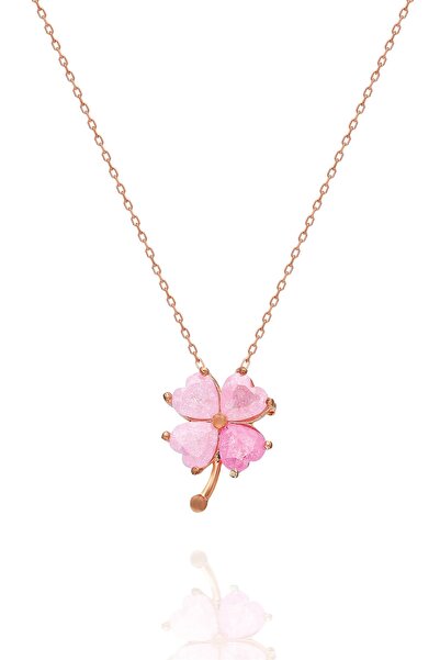 Nereze 925 Ayar Pembe Taşlı Yonca Kolye Kadın Gümüş Kolye