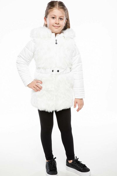 DeFacto Ecru Girl's Hooded Elastic Waisted Puffer Coat