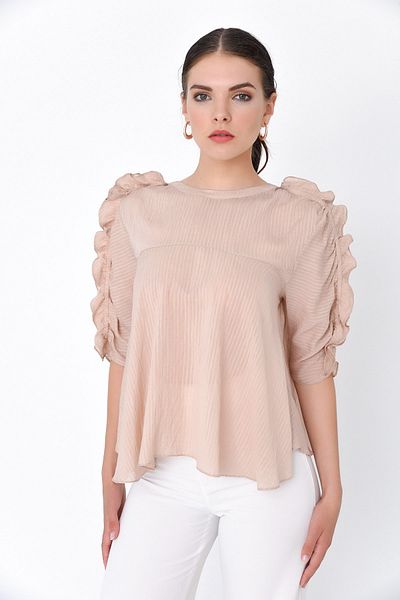 Hanna's by Hanna Darsa Women's Beige Frilly Sleeve Long Sleeve Woven Blouse Hn1871