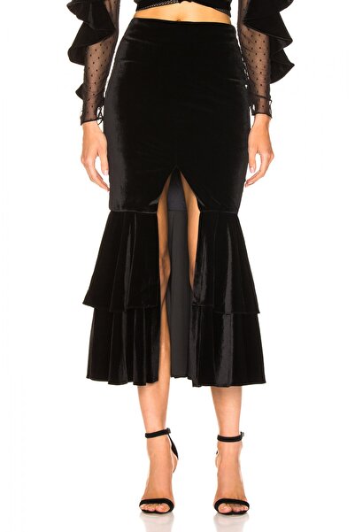 By Umut Design Kadın Volanlı Önden Yırtmaçlı İpek Kadife Etek 4559267