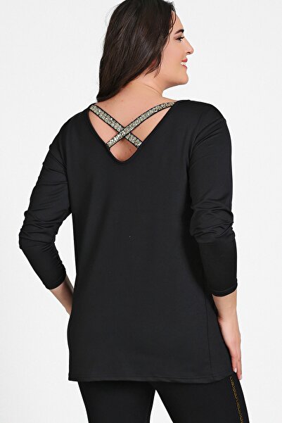 Moda Cazibe Women's Black Back Cross Gold Sequin Stripe Long Sleeve Blouse M9280