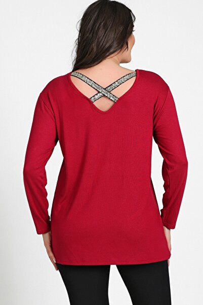 Moda Cazibe Women's Burgundy Back Cross Gold Sequin Stripe Long Sleeve Blouse M9280