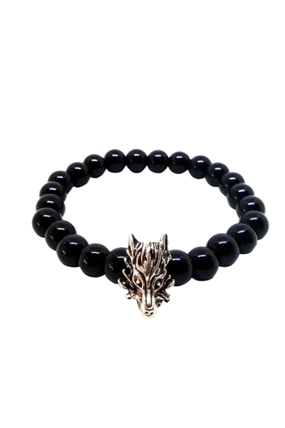Kusakli Men's Black Onyx Natural Stone Bracelet with Wolf Figure 72402BL
