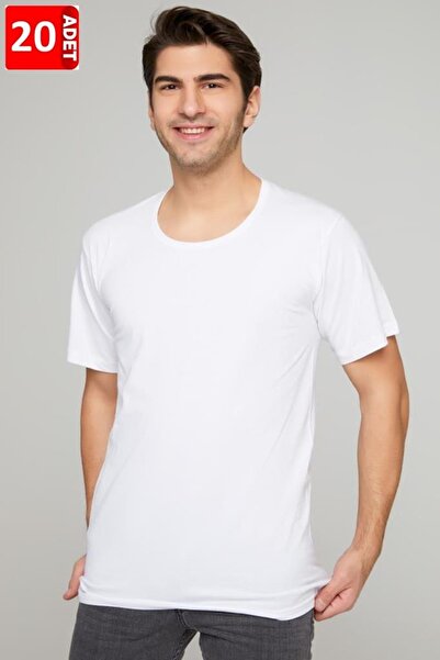 Tutku قميص داخلي رجالي من القطن الأبيض الممشط برقبة دائرية، 20 قطعة، 100% قطن