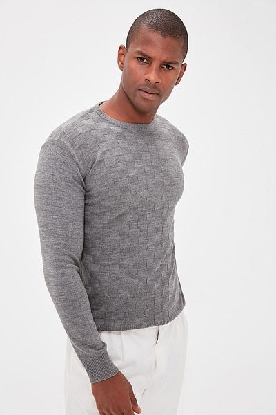 Trendyol Collection Gray Slim Slim Fit Crew Neck Textured Knitwear Sweater Tmnaw20Mg0005