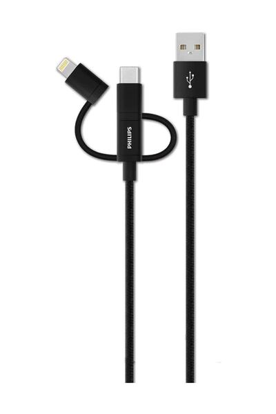 Philips DLC2608BK 1.2 Metre Örme 3in1 Lightning&Micro Usb&Type-C Kablo, Siyah