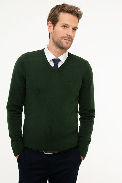 Pierre Cardin Ανδρική Σκούρα Πράσινη Slim Fit V-λαιμό Basic Πλεκτή Μπλούζα