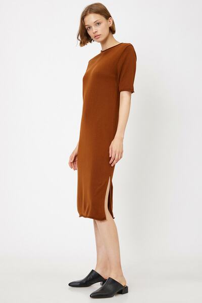 Koton Γυναικείο Φόρεμα Καφέ Σχιστό Λεπτομερές Φόρεμα 0KAK92773OT