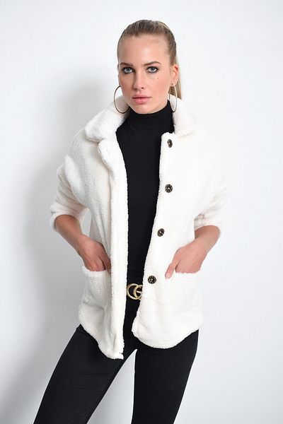 Cool & Sexy Women's Ecru Plush Coat DA31