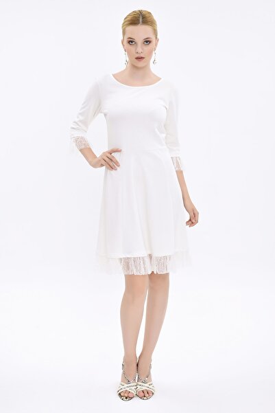 Hanna's by Hanna Darsa Kadın Beyaz Dantel Detaylı Kloş Beyaz Elbise