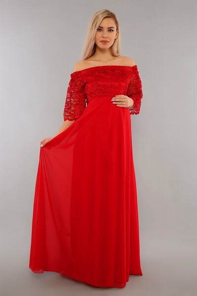 MODA LABİO Düşük Omuz Dantel Hamile Elbisesi Kırmızı