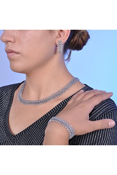 Midyat Nurtaş Gümüş Kadın Markazit Taşlı Oksitli Telkari Gümüş Üçlü Set MNG20...
