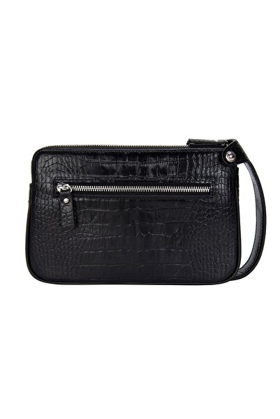 KANGAROO KINGDOM Siyah Erkek Portföy El Çantası Clutch Kroko Timsah Desen Hak...