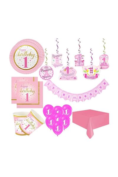 Parti dolabı 16 Kişi Lüks 1 Bir Yaş Kız Doğum günü Bebek Parti Malzemeleri Süsleri