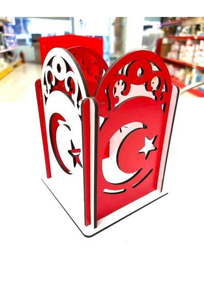 Notpa Red and White Wooden Desktop Pen Holder with Moon and Star Pattern Organizer Assembly Product