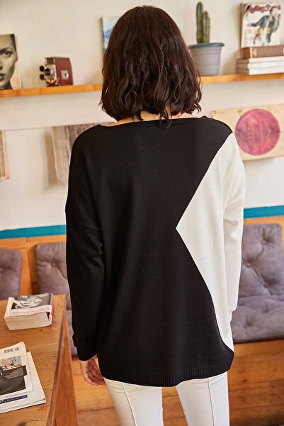 Olalook Women's Black Blocked V-Neck Casual Knitwear Sweater KZK-19000065