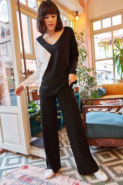 Olalook Women's Black Ribbed Thick Knitwear Pants PNT-19000055