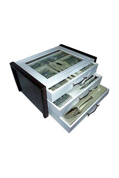 Nehir Fulya 24 Carat Full Plain Gold Plated 89 Piece Wooden Boxed Cutlery Set