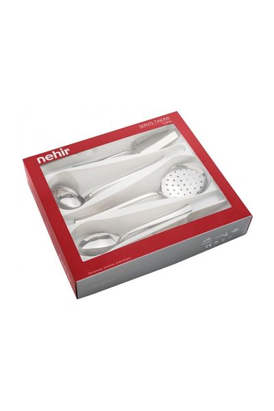 Nehir Maxi 24 Carat Satin Gold Plated 5 Piece Serving Set, Serving Spoon, Fork, Spoon Knife