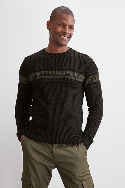 Trendyol Collection Pulover negru din lână, cu mânecă lungă, cu gât crew, cu nervuri TMNAW20KZ1117