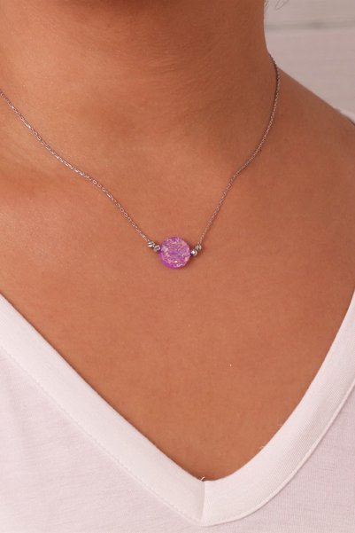 Denz Takı Unisex Mor Opal Yuvarlak Gümüş Kolye KL1000372