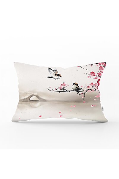 Realhomes Suluboya Çizimde Serçeler Tasarımlı Dekoratif Dikdörtgen Yastık Kıl...
