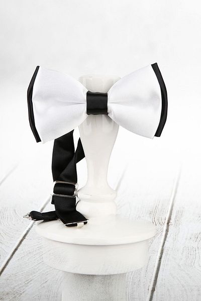 Kravatkolik Men's White - Black Color Satin Bow Tie Sp55