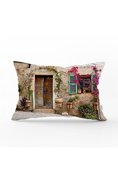 Realhomes Çiçek Penceresi Desen Dijital Baskılı Dikdörtgen Yastık Kırlent Kılıfı