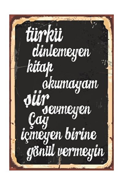 Hayat Poster Türkü Kitap Şiir Çay (10 Cm X 20 Cm) Mini Retro Ahşap Poster