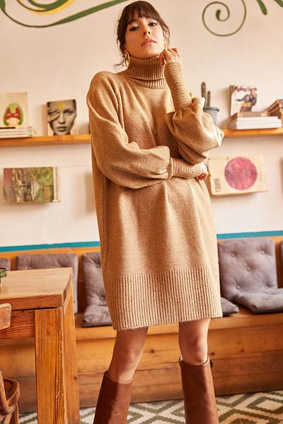 Olalook Women's Milk Coffee Turtleneck Balloon Sleeve Loose Knitwear Dress ELB-19000867
