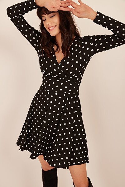 Olalook Kadın Siyah Kruvaze Puantiyeli Elbise ELB-19000875