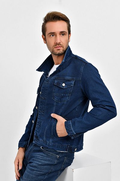 DYNAMO Men's Navy Blue-6 Slim Fit Lycra Jeans Jacket