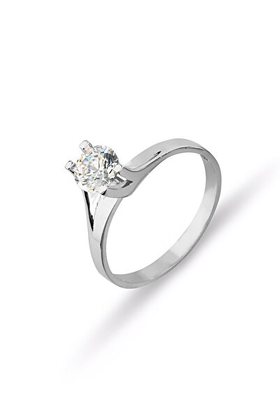 MySilvers Orjinal  Taşlı Yan Tırnak Gümüş Tektaş Yüzük Kadın Rodyum