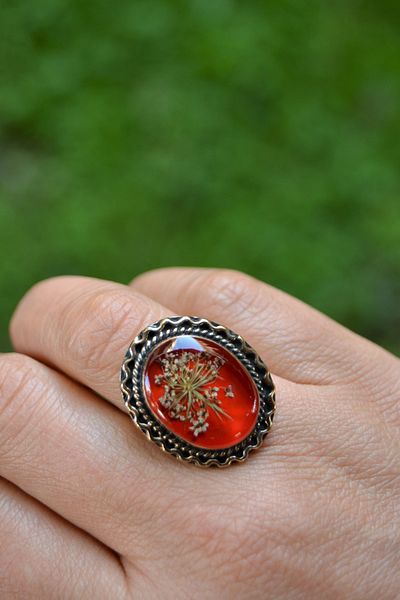 Stoneage Red Dried Flower Patterned Adjustable Women's Ring