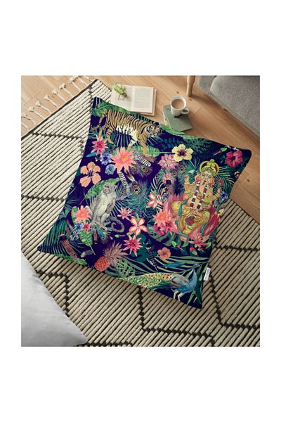 Realhomes Pernă de podea modernă cu tematică Amazon Woods cu fundal albastru închis - 70 X 70 Cm
