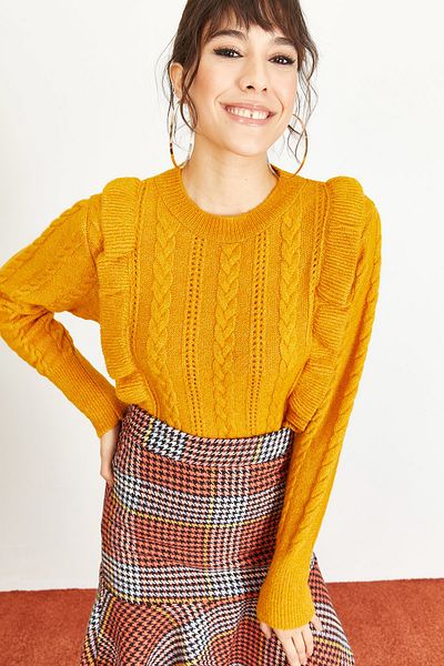 Bianco Lucci Mustard Openwork Ruffle Soft Sweater - Women 1020W1007