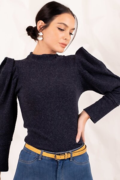 armonika Women's Navy Blue Watermelon Sleeve Knitwear Sweater ARM-20K001103