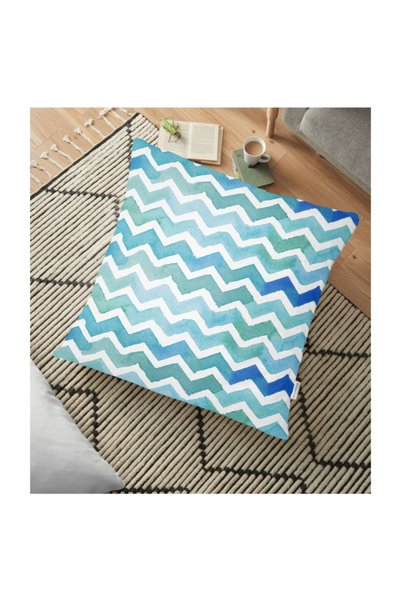 Realhomes Sulu Boyalı Zigzag Desenli Dijital Baskılı Yer Minderi - 70 X 70 Cm